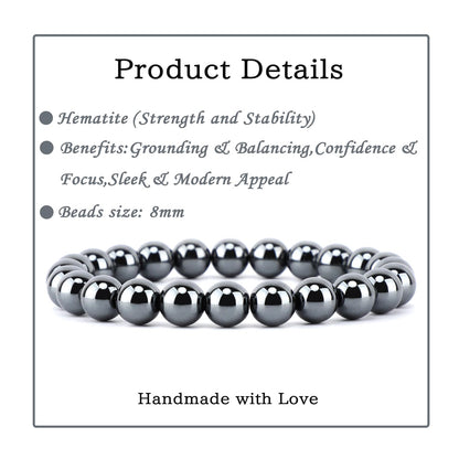 Bymitel 8mm Hematite - Handmade Reiki Gemstone Stretch Bracelet, Natural Beauty & Spiritual Essence, Crystal Healing for Unisex Adults