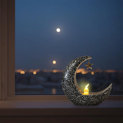 Hying 2 Pieces Ramadan Lanterns Decoration Eid-ul-fitr Table Lamp Eid Mubarak Flameless Candle Lanterns Ramadan Moon Star Lamp for Home Tabletop Decor-Sliver Black