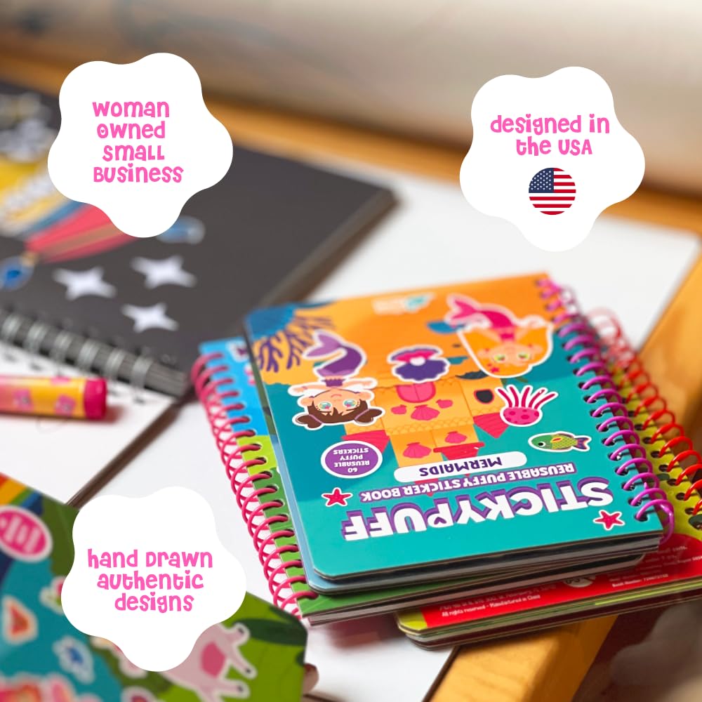 DINO MINI Stickypuff Value Pack - 3 Reusable Puffy Sticker Book for Toddlers - Puffy Stickers for Toddlers - Travel Activities for Kids Ages 4-8 - Screen Free Birthday Gifts (Wonderland)
