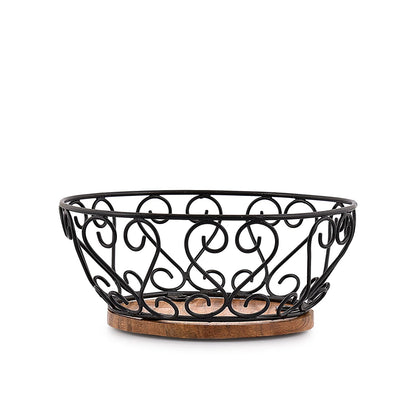 EDHAS Iron Fruit Bowl With Wooden Base for Kitchen Countertop & Dining Room and Pantries (9" x 9" x 4")