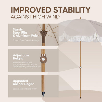 Tempera 7ft Outdoor Patio Umbrella with Carry Bag, Beach Umbrella with Fringe | Vintage Tassel Umbrella with Prime Steel Pole and Ribs Push Button Tilt, Ideal for Garden Lawn Poolside, UPF50+, Beige