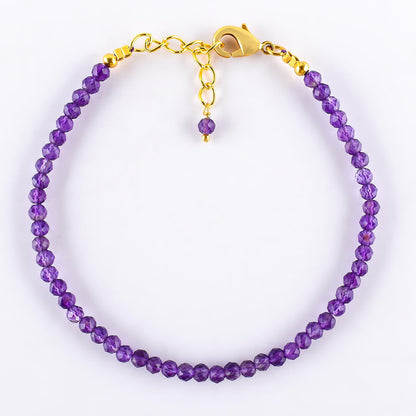 Natural Purple Amethyst Gemstone Micro Beads Dainty Bracelet Jewelry for Women, February Birthstone, Chakra Energy Crystals, 14k Gold Plated Chain 8 inch Adjustable