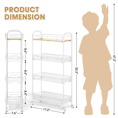 TOOLF 4-Tier Slim Rolling Cart, Metal Utility Cart, Slide Out Storage Cart with Wooden Tabletop and Mesh Baskets for Narrow Space on Kitchen Bathroom Laundry Room Bedroom Apartments Dormitory
