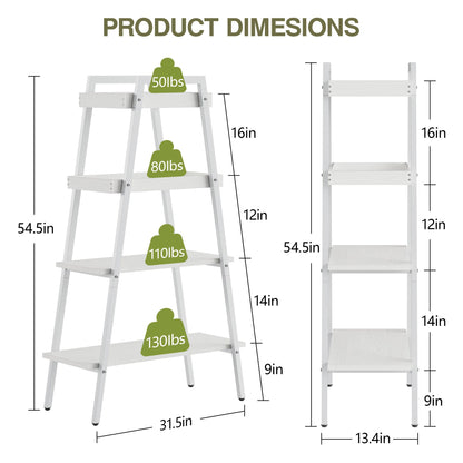 VECELO Ladder Shelf, 4 Tier Wooden Bookshelf with Metal Frame, Freestanding Bookcase Display Shelves and Plant Stand for Living Room/Farmhouse/Bedroom/Home Office-White