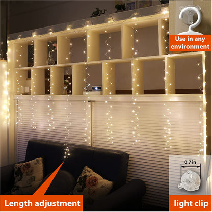 ZSJWL 300 LED Curtain Fairy Lights with Remote, 8 Modes 9.8 × 9.8 Ft Curtain String Light USB Plug in, Twinkle Silver Wire Lights for Bedroom Window Chrismas Wedding Party, Warm White