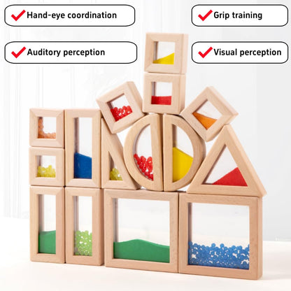 Lexza Rainbow Sensory Toys Blocks,15 Pcs Large Wooden Building Blocks for Toddlers Baby Kids,Colorful Geometric Stacking Toys, Preschool Educational Toy Set