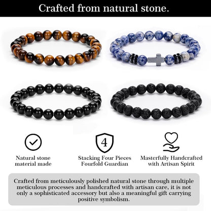 Crystery Men Beaded Bracelets, 8mm Natural Stone Bracelet, Healing Crystal, Jewelry Gifts for men, Triple Protection, Blue Spot Stone, Tiger Eye, Black Obsidian Beads Bracelets, Lava Rock, Pack of 4