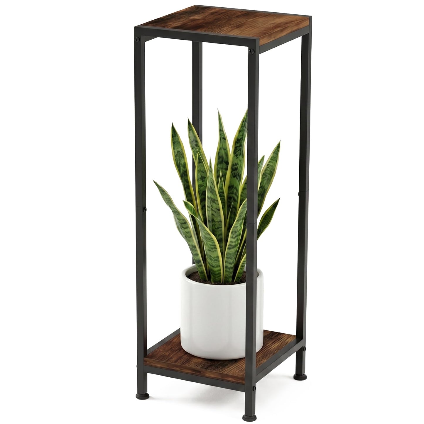 TOSKING 30" Tall 2-Tier Indoor Plant Stand (Holds 160 lbs) – Heavy Duty Black Metal Frame with Rustic Brown Wood Shelves for Balcony, Patio, Garden, Living Room, Indoor & Outdoor
