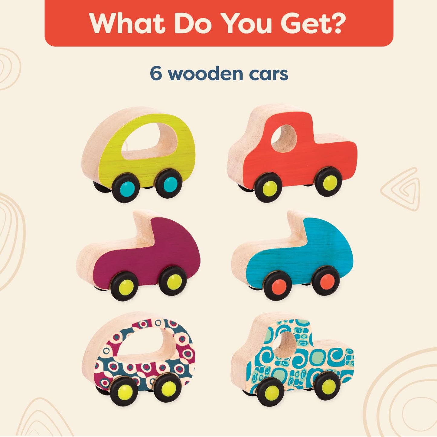 B. toys – Wooden Toy Cars Set with 6 Colorful Vehicles for Kids & Toddlers – Durable Trucks – Easy – Grip Kids Toys for Ages 1+