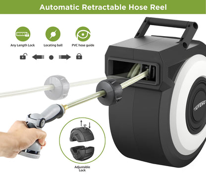 Tuyeho Retractable Garden Hose Reel 130 FT, Wall Mount Heavy Duty Water Hose Reels with Automatic Slow Rewind System, Outdoor Hoses Reel with 2 Hose Nozzles for Garden Watering, Car Wash, Pet Shower