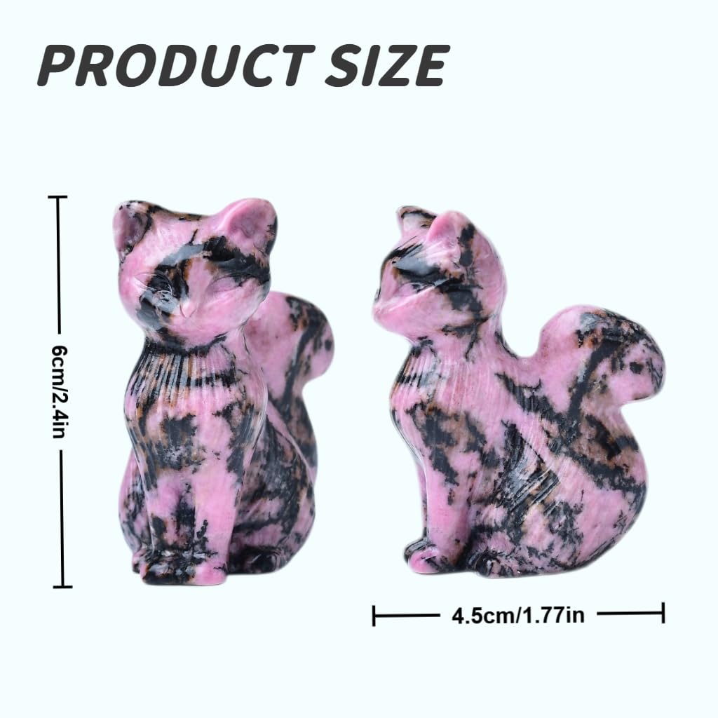WUYOUSHI Natural Rhodonite Crystal Cat Statue 2.4 Inch - Handmade Healing Sculpture, Lucky Guardian Pocket Statue for Reiki Meditation, Office & Home Decoration Gift