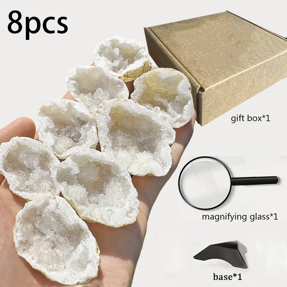 8pcs Natural Quartz Caves Knock Open in The Middle 1.2-2 inch White geode Set with Magnifying Glass and Display Stand Ideal for School Gifts and Prizes（Morocco White geode 8pcs Set）