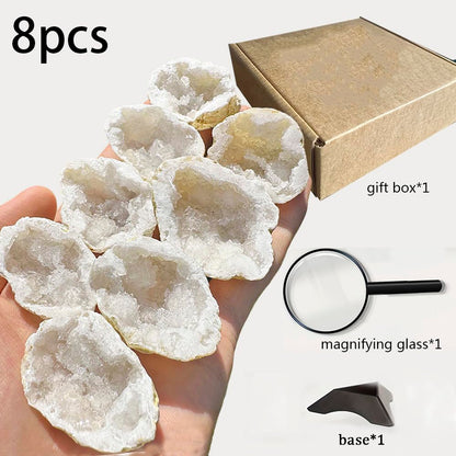 8pcs Natural Quartz Caves Knock Open in The Middle 1.2-2 inch White geode Set with Magnifying Glass and Display Stand Ideal for School Gifts and Prizes（Morocco White geode 8pcs Set）