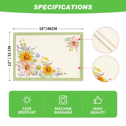 Artoid Mode Green Sunflowers Butterfly Spring Placemats Set of 4, 12x18 Inch Seasonal Summer Holiday Table Mats for Party Kitchen Dining Decoration
