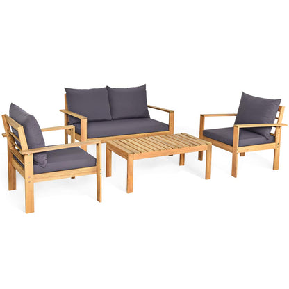 Tangkula Outdoor 4-Piece Acacia Wood Chat Set, 4 Seater Acacia Wood Conversation Sofa and Table Set with Waterproof Furniture Cover, Teak Finished (1, Grey)