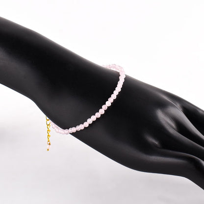 Natural Pink Rose Quartz Gemstone Micro Beads Dainty Bracelet Jewelry for Women, Birthstone, Chakra Energy Crystals, 14k Gold Plated Chain 8 inch Adjustable