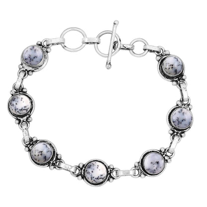 Natural Dendrite Opal 925 Silver Plated White Gemstone Bracelet for Women - October Birthstone Vintage Style Handmade Adjustable Bracelet - Mother's Day Gifts for Her