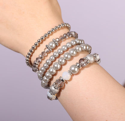 Sither Beaded Pearls Bracelets Pack for Women Boho Laryed Stretch Bracelet Jewelry Set for Halloween Christmas Gift (silver)