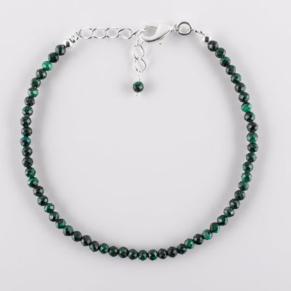 Natural Green Malachite Gemstone Micro Beads Dainty Bracelet Jewelry for Women Gifts For her, Birthstone Energy Crystals, Silver Plated Chain 8 inch