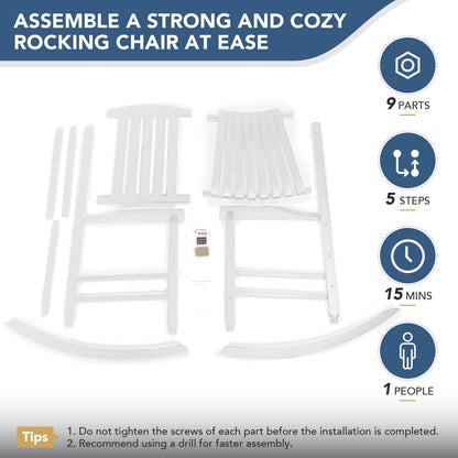 Besunbar Wooden Outdoor Rocking Chair, Oversized Patio Rocking Chair w/400lbs Support & High Backrest | Porch, Lawn, Garden, Backyard，White