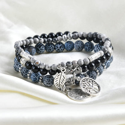YGLINE Tree of Life Yoga Healing Stone Bracelets,Multilayer Lotus Chakra Stone Reiki Bracelet Sets,Anxiety Crystal Natural Stone,for Women Stress Relief (black wind fossilpicture jasper)