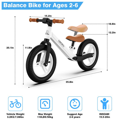 Ridego 12 Inch Balance Bike for Kids 2-4 Year Old,Lightweight Kids Bike with Adjustable Seat, Toddler Bike with Air Rubber Tires，Ride-on Toys Birthday Gift