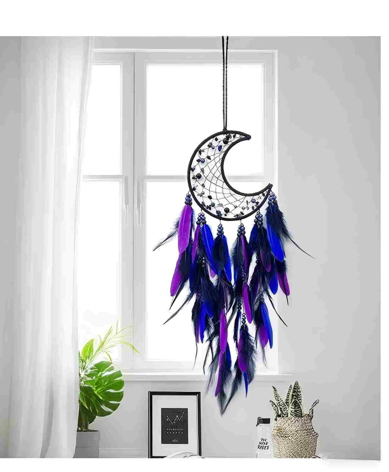 BELACASA Moon Dream Catcher Handmade for Bedroom Purple and Blue Feather Dream Catchers for Home Decoration Ornaments for Bedroom Wall Hanging (Purple Feather - 1pc)