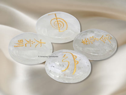 Amazing Gemstone Clear Quartz Crystal Reiki Stones with Engraved Symbols for Usui Reiki Healing, Set of 4 Pcs (Indian Handmade Reiki Gift Set)