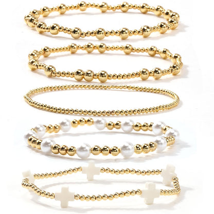 Dainty 14K Gold Beaded Cross Bracelet Stack for Women,Bohemian Stretch Pearl Gold Plated Ball Beads Non Tarnish Stackable Bracelets Set Fashion Prom Holiday Accessories Jewelry Gift Friendship