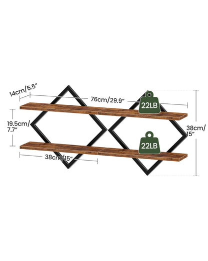 CHOEZON Floating Shelves, Set of 2 Wall Shelves, 2-Tier Hanging Shelves, Wall Shelf Set of 2, Wall Mounted Shelves, for Living Room, Bedroom, Kitchen, Office, Study, Rustic Brown TBJ01P2BF