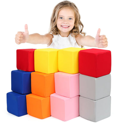 Foam Blocks for Toddlers, 12 Pieces Soft Building Blocks for Kids, Large Foam Cubes Colourful Stacking Block Sets - Throw & Play Toys with Washable Cover(Pink, Dark Blue, Yellow, Orange, Red, Gray)