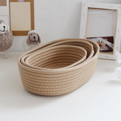 Small Woven Rope Storage Basket with Handles Spring Mini Oval Decorative Hampers for Empty Chest Box 3 Sizes(Khaki 12''L x 4"W x 7''H)