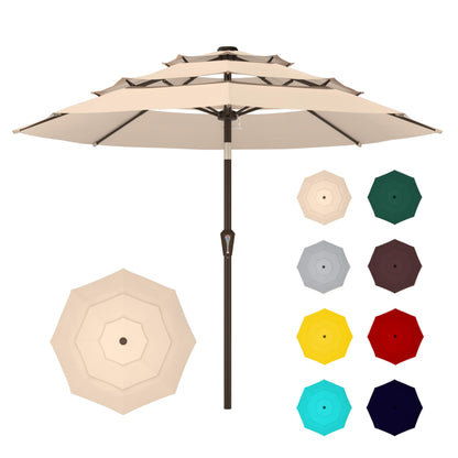 Ayge 9FT 3-Tier Large Outdoor Patio Umbrella Market Table Umbrella-UV Resistant,Easy Push Button Tilt and Crank,8 Sturdy Fiberglass Ribs Heavy-Duty Pool Umbrella for Deck,Backyard,Garden,Yard,Beige