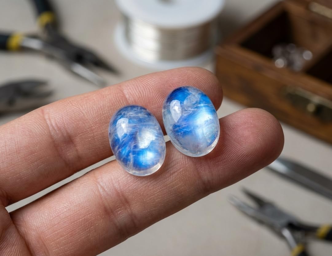 Myhealingworld Oval Shape Blue Fire Rainbow Moonstone AAA Quality Natural Calibrated 12x16mm Cabochon Loose Gemstone 2 pcs box.