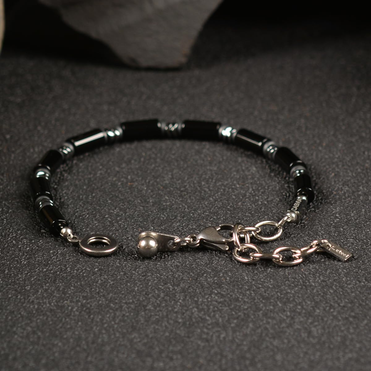 Casvia Midnight Fusion Men's Beaded Bracelet, Handcrafted Black Onyx & Hematite, Adjustable Dual-Clasp 6.89–8.8 Inches, Stackable Daily Wear, Birthday Gift for Men Dad Boyfriend