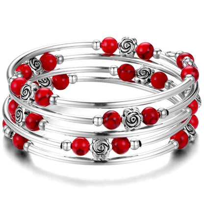 BULINLIN Wrap Bangle Rose Bead Bracelet - Beaded Bracelet with Natural Agate Stone Gifts For Women(01-Red turquoise)