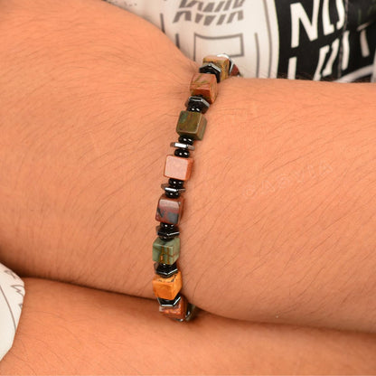Casvia original beaded bracelets for men Picasso jasper mens bracelet with hematite and black onyx spacers stainless steel adjustable chain Handmade Viking style Great for yourself or friends