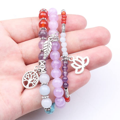 UEUC Natural Gemstone Chakra Bracelets for Women, Multilayer Tree of Life Lotus Crystal Healing Stone Bracelet Sets, Yoga Meditation Reiki Relax Bracelets for Stress Relief(#124)