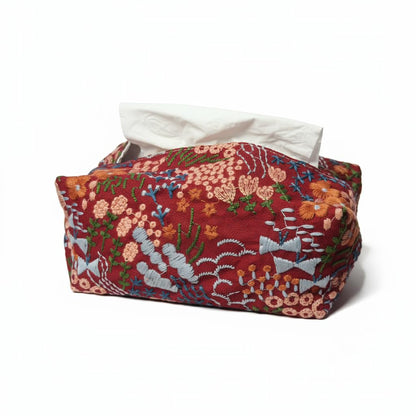 Floral Pattern Tissue Box Cover, Burgundy Red with Embroidered Design