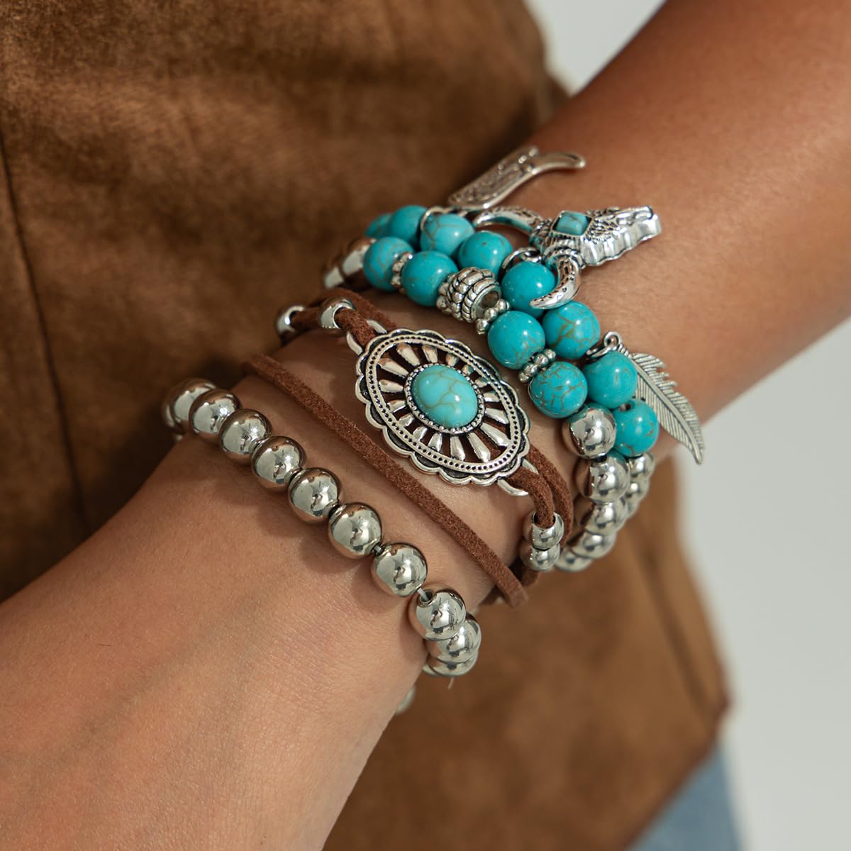 Hclian Western Bracelets for Women Turquoise Beaded Boho Strand Bracelet Stack Adjustable Cowgirl Country Jewelry Set for Women