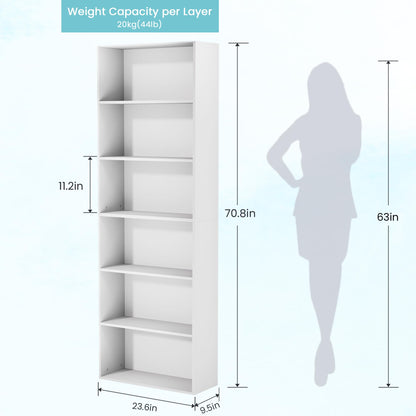 GRUSIGN 71" Tall 6-Tier Bookshelf, Large Open Display Bookcase with Ample Storage, Floor Standing Book Shelf for Living Room, Home Office, Bed Room, White