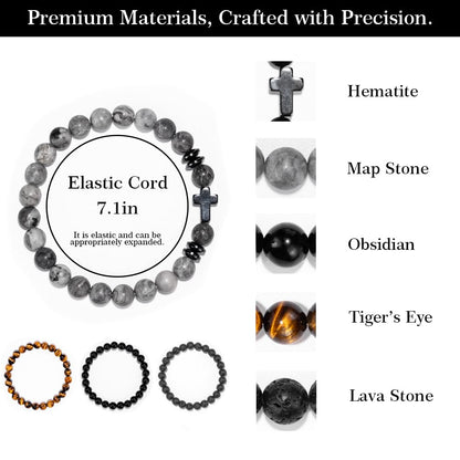 Crystery Men Beaded Bracelets, 8mm Natural Stone Bracelet, Healing Crystal, Jewelry Gifts for men, Triple Protection, Map Stone, Tiger Eye, Black Obsidian Beads Bracelets, Lava Rock, Pack of 4