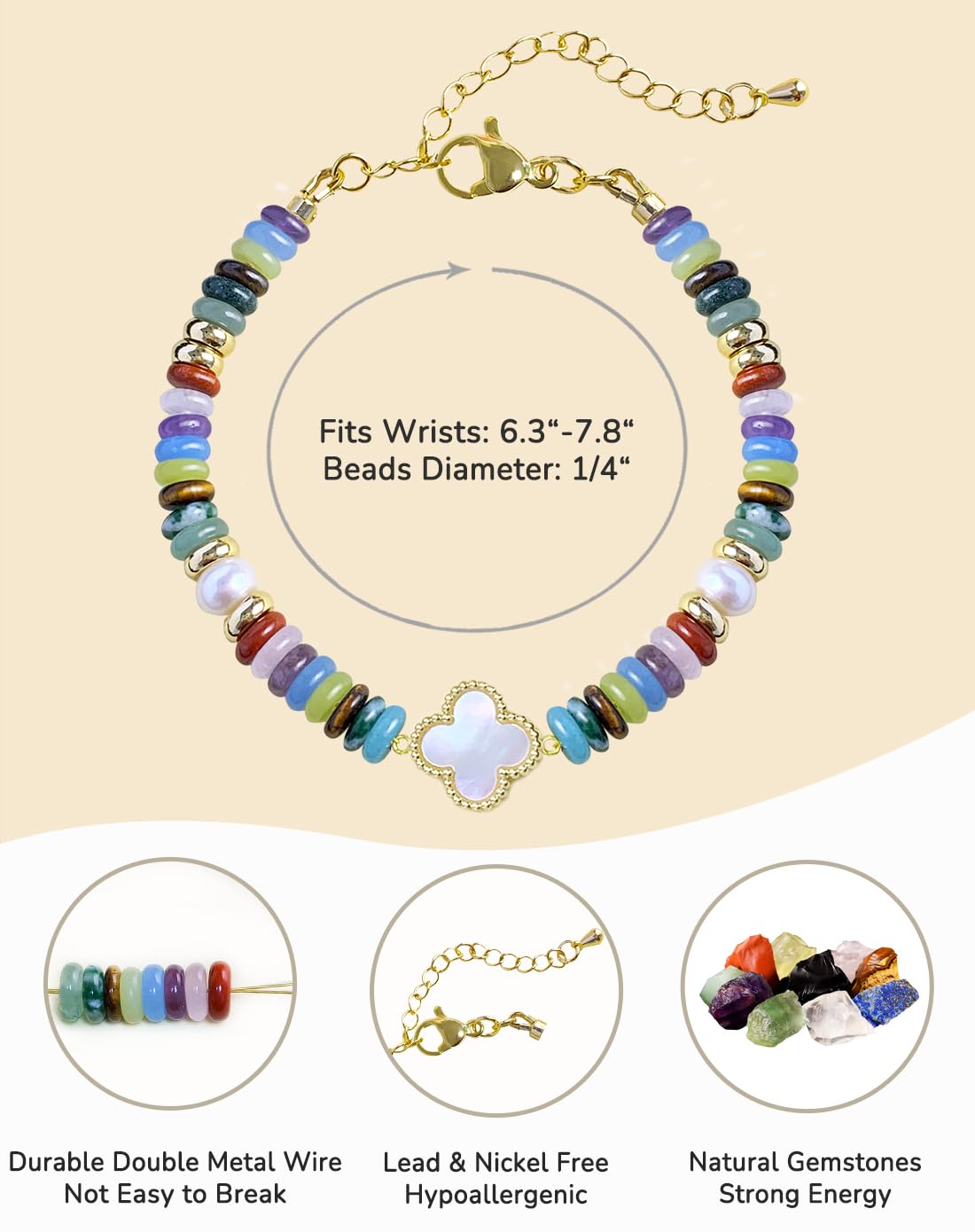 YEETONDA Four Leaf Clover Natural Gemstone Rainbow Bracelets Jewelry 16th 21st 30th 40th 50th 60th 70th 80th Birthday Gifts For Women Mom Sister Friend Daughter Niece(Rainbow)