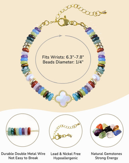 YEETONDA Four Leaf Clover Natural Gemstone Rainbow Bracelets Jewelry 16th 21st 30th 40th 50th 60th 70th 80th Birthday Gifts For Women Mom Sister Friend Daughter Niece(Rainbow)