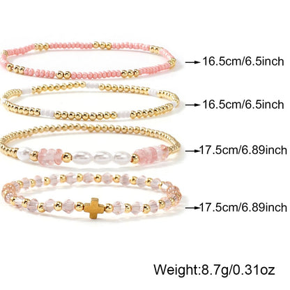 Bohxantium Gold Pearl Crystal Cross Bracelet for Women 14K Gold Plated Beads Pearl Pink Crystal Beaded Bracelet Stack Stretch Stackable Non Tarnish Trendy Jewelry Friendship Christian Gift for Women