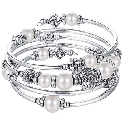 Beaded Chakra Bangle Turquoise Bracelet - Fashion Jewelry Wrap Bracelet with Thick Silver Metal and Mala Beads, Birthday Gifts For Women(White Pearl)