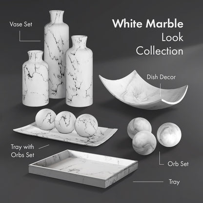 Creative Scents White Marble Look Decorative Bowl with matching Set of 3 Balls (2.75”) for Coffee Table Centerpiece, Dining Table, Living Room