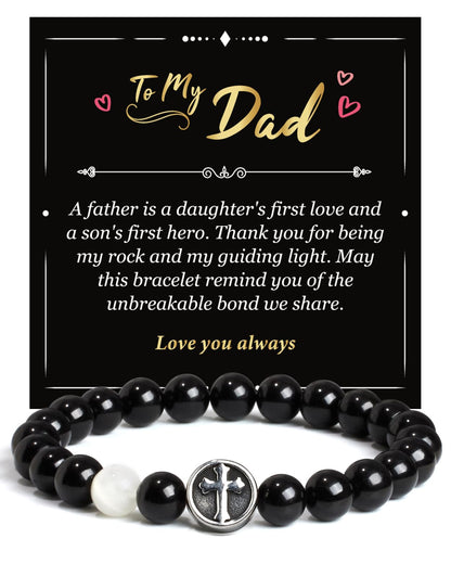 Landorilo Gifts for Men, 8mm Cross Natural Stone Beaded Bracelets, Black Tourmaline Healing Bracelet, Handmade Mens Jewelry Gift for Him, Husband, Son, Father, Friend(Happy Birthday-7.5in)