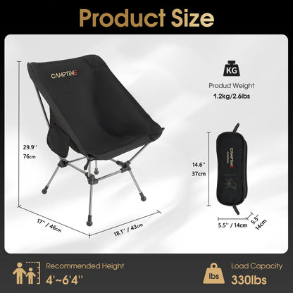 Camptime Portable Camping Chair Plus, Larger & Roomier, Compact and Lightweight, Folding Chair for Backpacking & Hiking, 330Lbs Capacity, Black