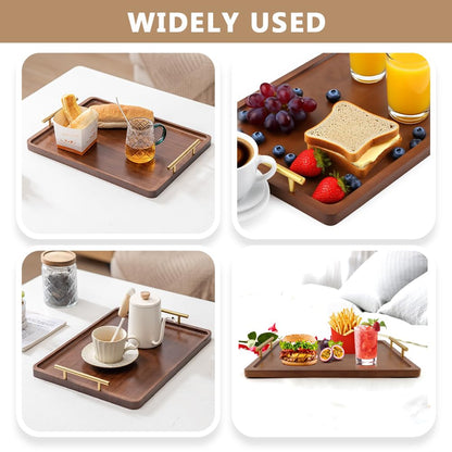 Wooden Serving Tray, 17x12In Wooden Food Drinks Tray with Metal Handles for Coffee Table, Breakfast, Dinner & Bar, Rustic Decorative Ottoman Tray for Kitchen, Parties